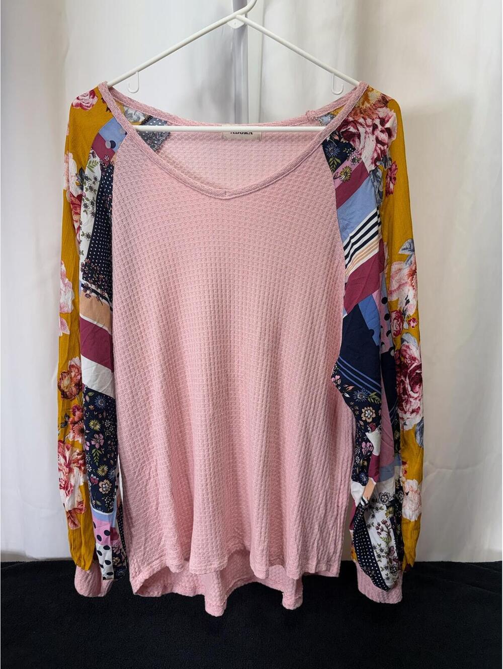 ADORA Pink Waffle Knit Raglan Top with Floral Patchwork Sleeves 2350